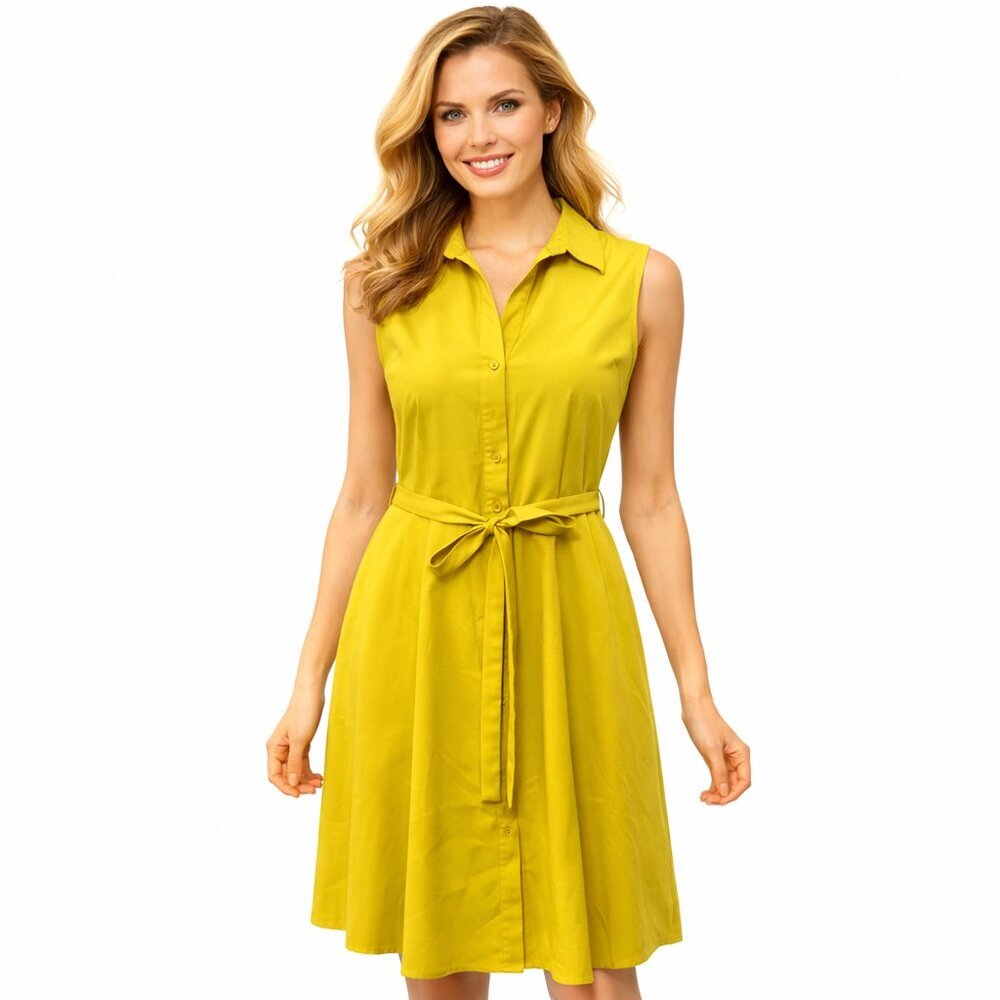 Sharagano Yellow Shirt Dress Size 6 - Sleeveless Belted Midi